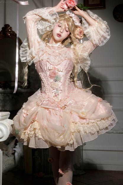 Blush Ruffled Embroidered Bow Lace Fishbone Princess JSK