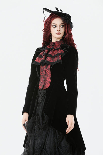 Crimson & Charcoal Peak Lapel Long Sleeve Layered Lace Mock Two-Piece Goth Tailcoat