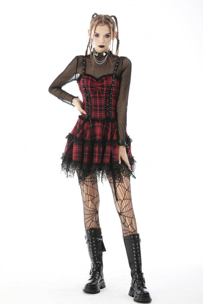 Crimson Punk Mini Dress with Plaid Layers and Lace Trim