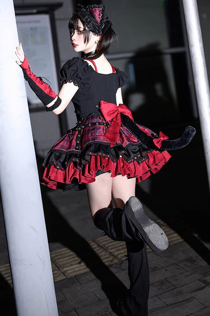 Crimson & Charcoal Floral Ruffle Laced Goth Princess Skirt Ensemble