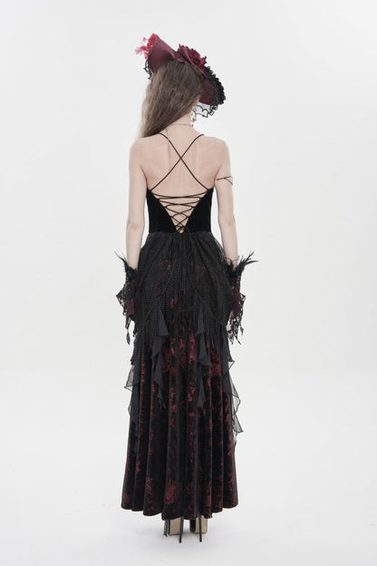 Crimson & Obsidian Sleeveless Multi-Layered Hanayome Lace Lace-Up Gothic Wedding Dress Printed Tassels Slip Dress