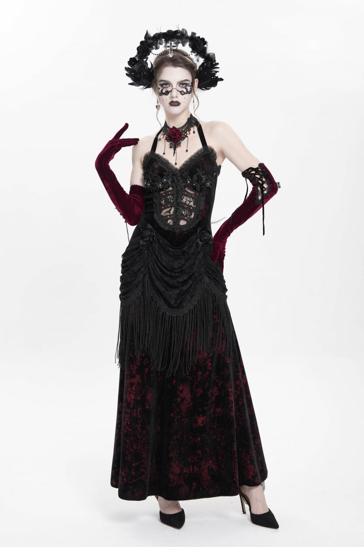 Crimson Gothic Maxi Dress with Floral Embroidery and Lace-Up Pleats
