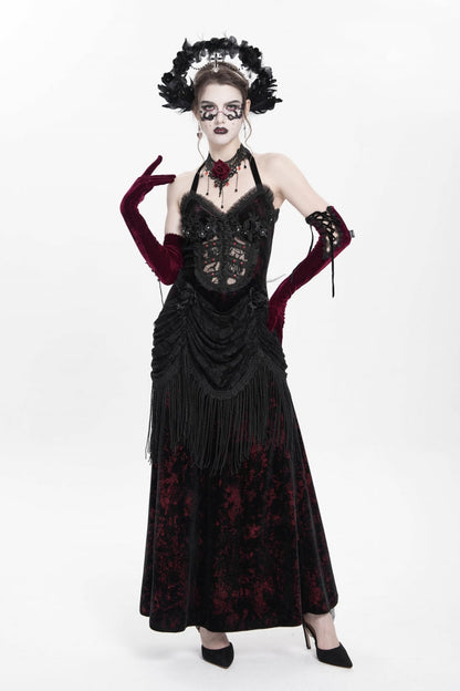 Crimson Gothic Maxi Dress with Floral Embroidery and Lace-Up Pleats