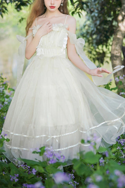 Sweet Lolita JSK Gown with High Waist, Bow Accents & Chiffon Long Cut