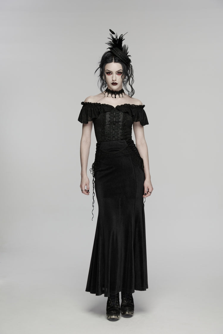 Lace-Up Slim Embroidered Elegant Long Gothic Skirt for Women