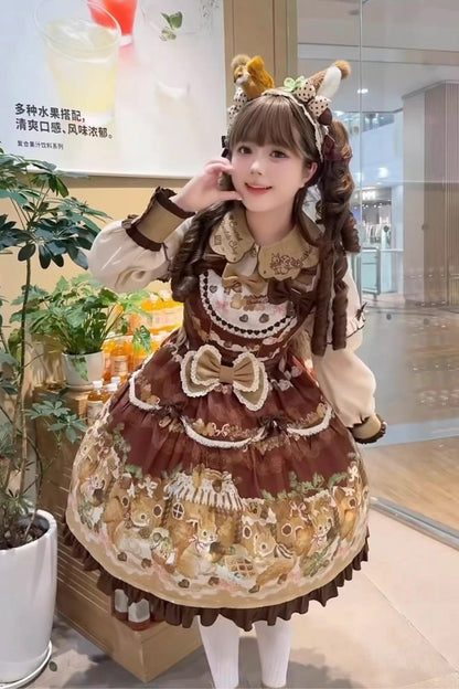Squirrel Chocolate Shop Lolita JSK Dress with Blouse - Ruffled Bow Print