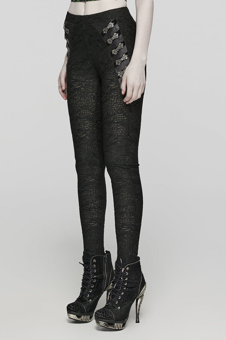 Mesh Button Decor Slim Gothic Leggings for Women