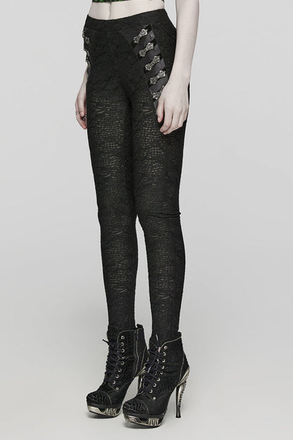 Mesh Button Decor Slim Gothic Leggings for Women