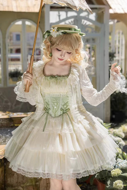 Emerald Letters & Poems Lily Valley Square-Collar Fishbone Embroidered JSK