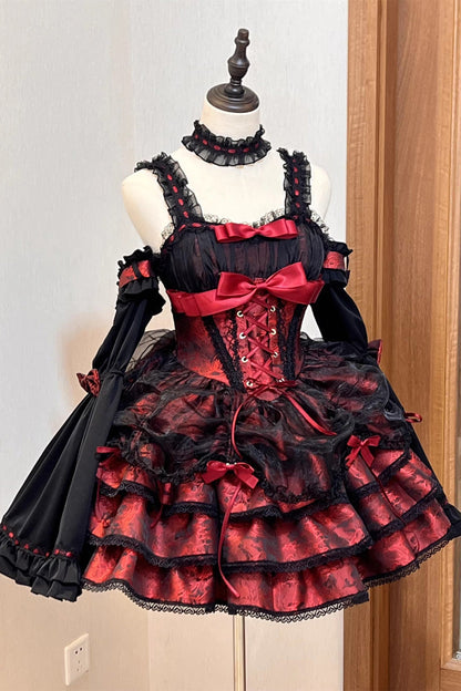 Crimson & Obsidian Sleeveless Multi-Layer Ruffle Bowknot Lace-Up Princess Lolita Jsk Dress