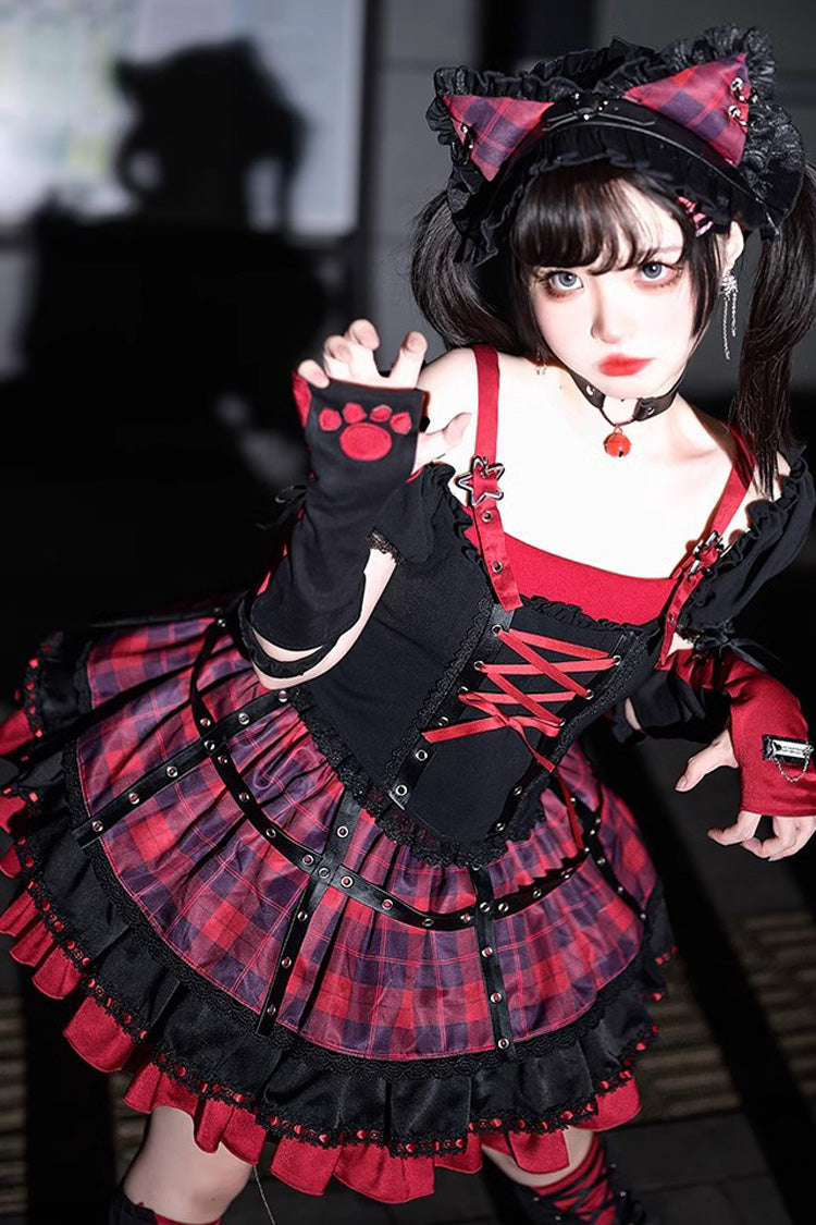 Crimson & Charcoal Floral Ruffle Laced Goth Princess Skirt Ensemble