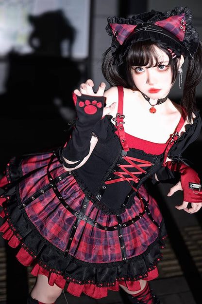 Crimson & Charcoal Floral Ruffle Laced Goth Princess Skirt Ensemble