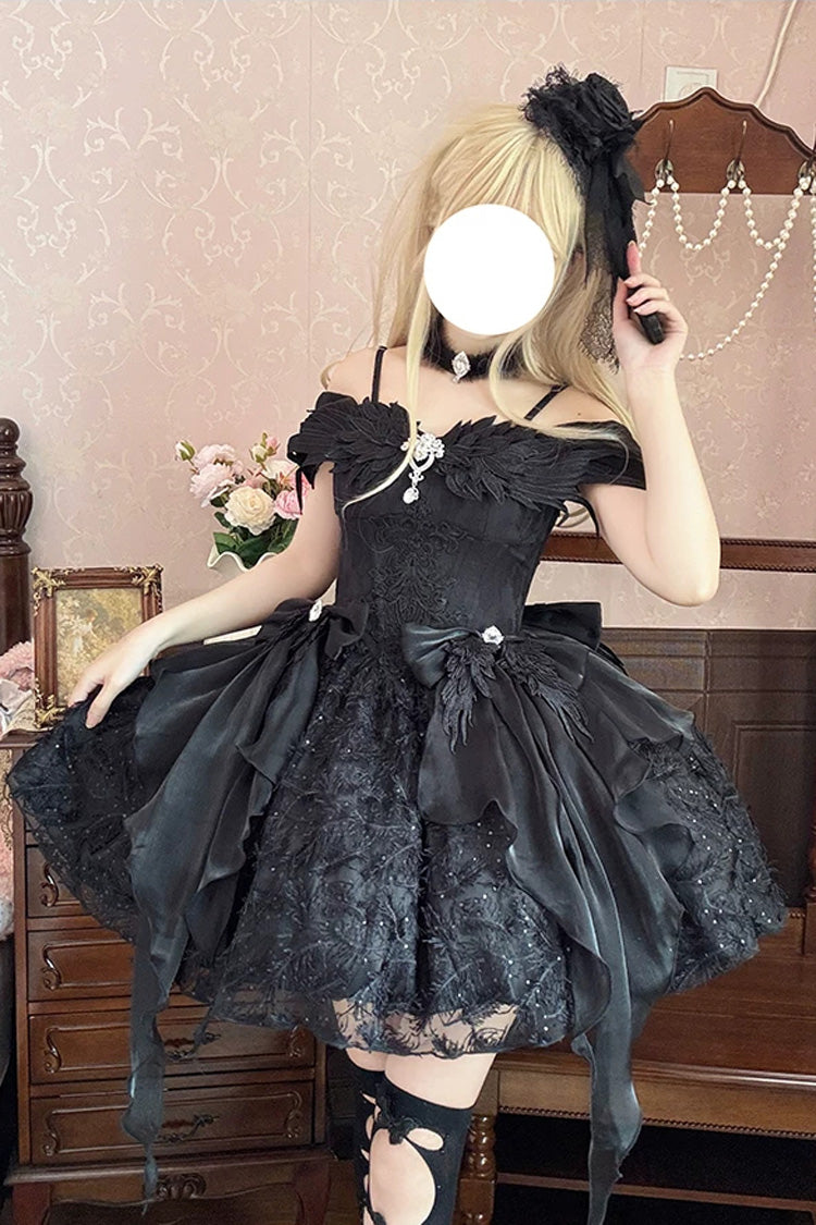 Embroidered Gothic JSK Dress with Square Collar and Flutter Sleeves in Black