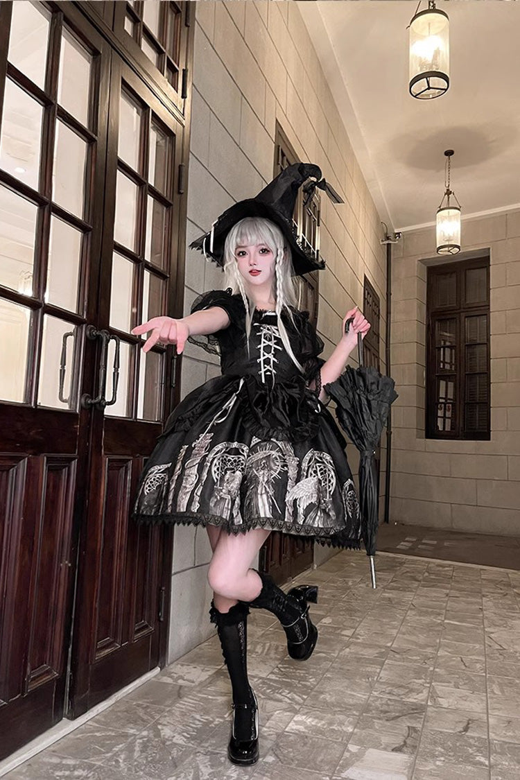 Gothic Punk Lolita JSK Dress with Ballet Lace-Up and Eternal Night Print