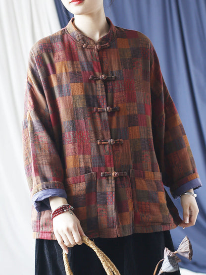 Women Vintage Spring Plaid Cotton Shirt Coat RR001