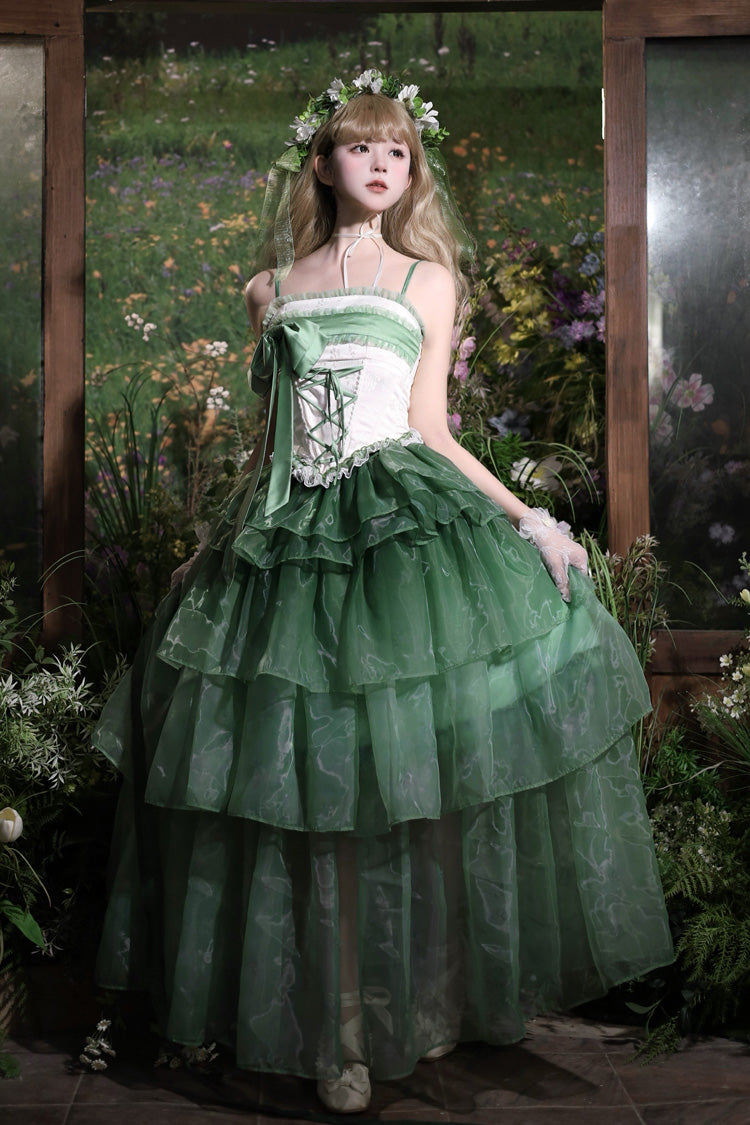 Emerald Snow Lily Valley Sleeveless Triple-Ruffle Bow Lace-Up Skirt Set