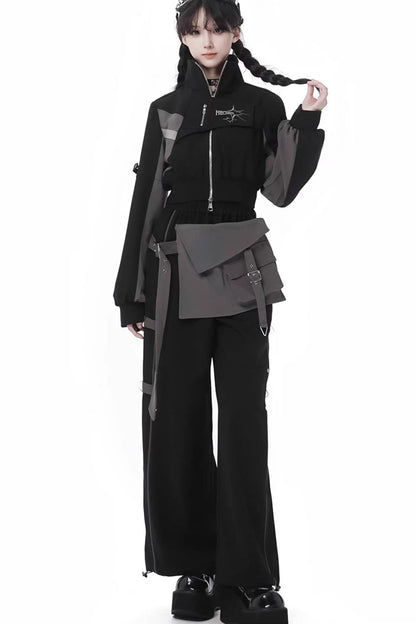 Ebony Techwear Paneled Zip Trousers & Cropped Jacket - Holographic Cruise