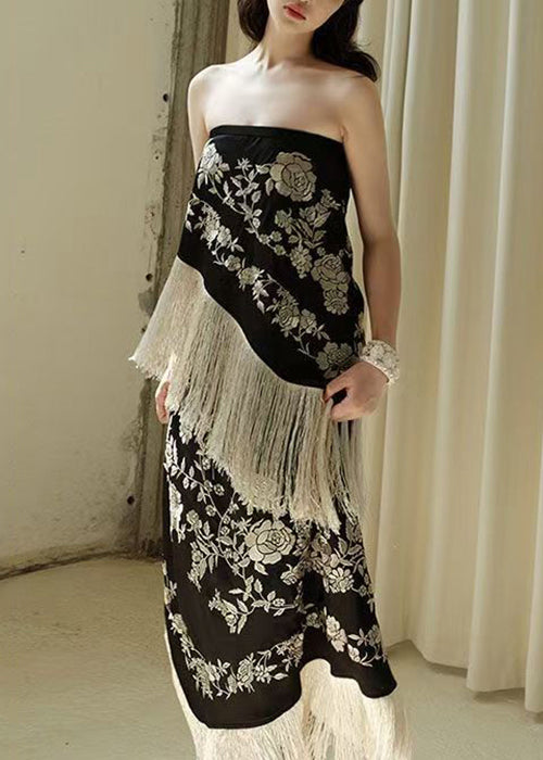 Black High Sleeveless Tasseled Patchwork Waist Novelty Dresses