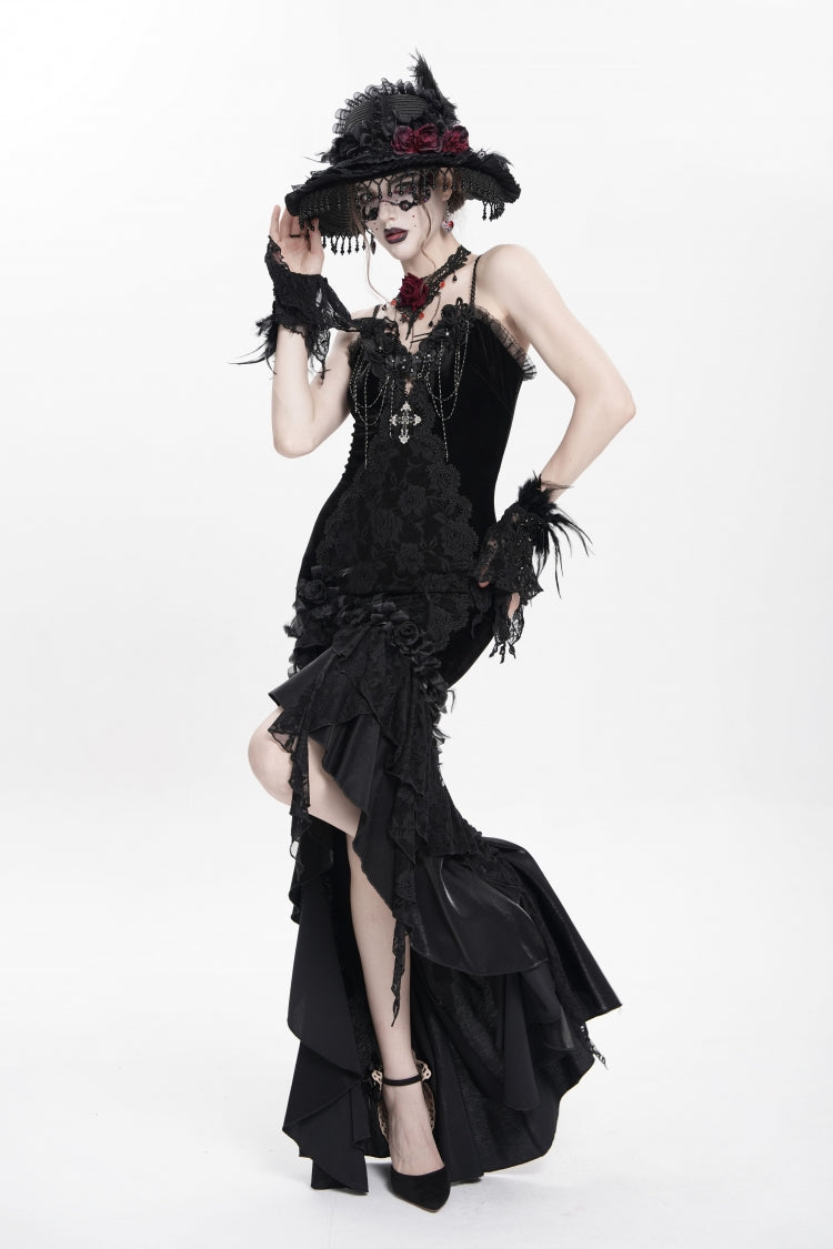 No-Sleeve Ruffled Floral Embroidered Chain Gothic Long Slip Dress