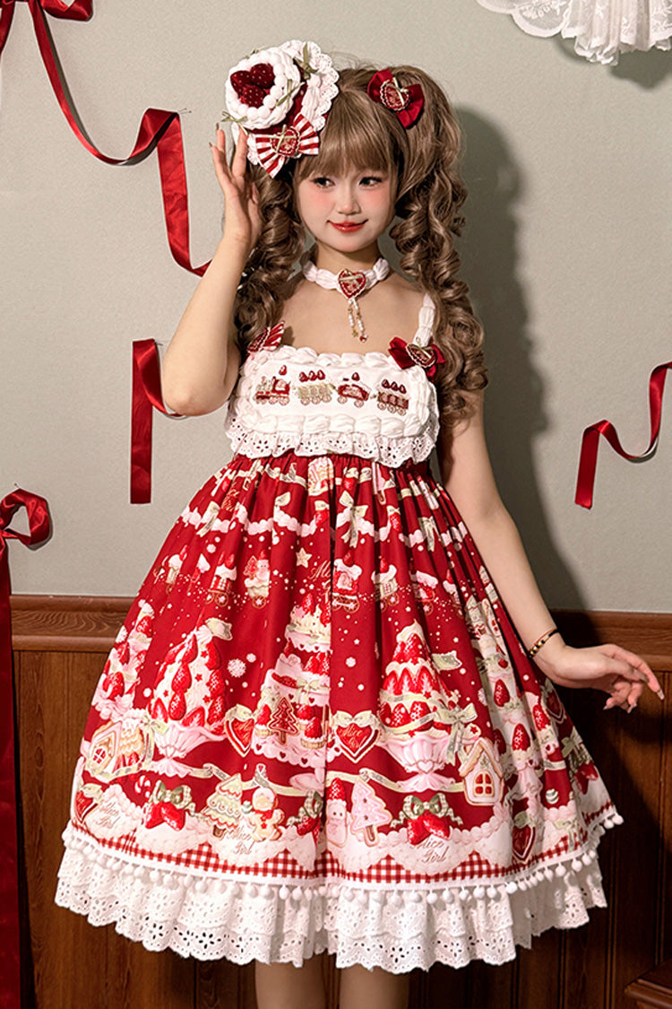 High Waisted Ruffle Bowknot Sweet Lolita JSK Dress with Strawberry Dessert Print - 4 Colors