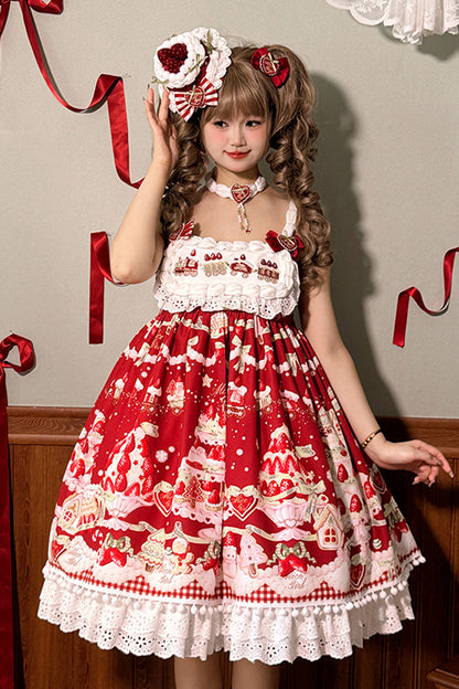 High Waisted Ruffle Bowknot Sweet Lolita JSK Dress with Strawberry Dessert Print - 4 Colors