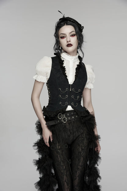 Women's Gothic Palace Vest with Lace-Up and Slim Pleated Design in Black Jacquard