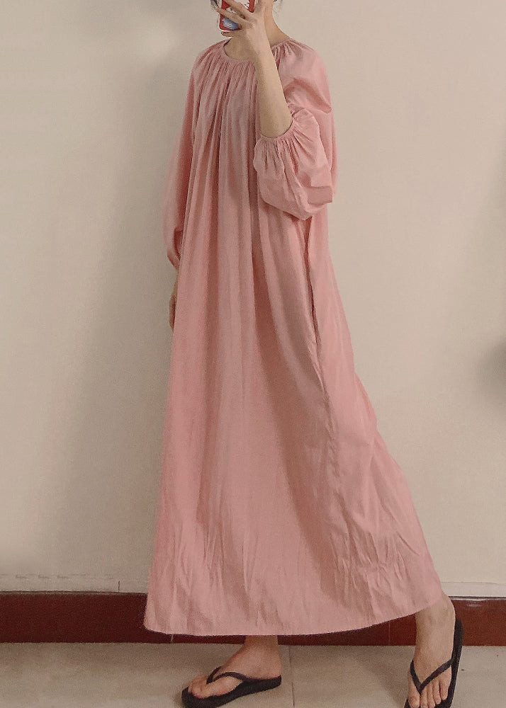 Women Pink Wrinkled Pockets Maxi Dress Long Sleeve TT1044