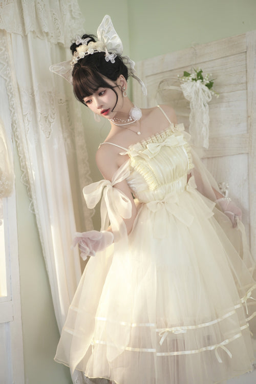 Sweet Lolita JSK Gown with High Waist, Bow Accents & Chiffon Short Cut