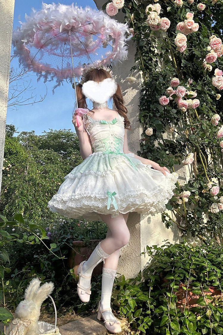 Emerald Leiffu Sleeveless Ruffle Bow Lace-Up Ballet JSK Dress