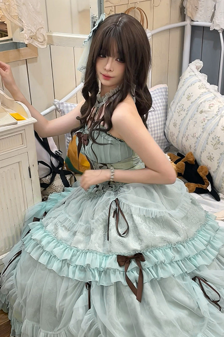 Mint Halterneck Cross Bow Lace-Up Ruffled Lolita Gown