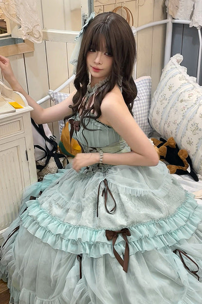 Mint Halterneck Cross Bow Lace-Up Ruffled Lolita Gown
