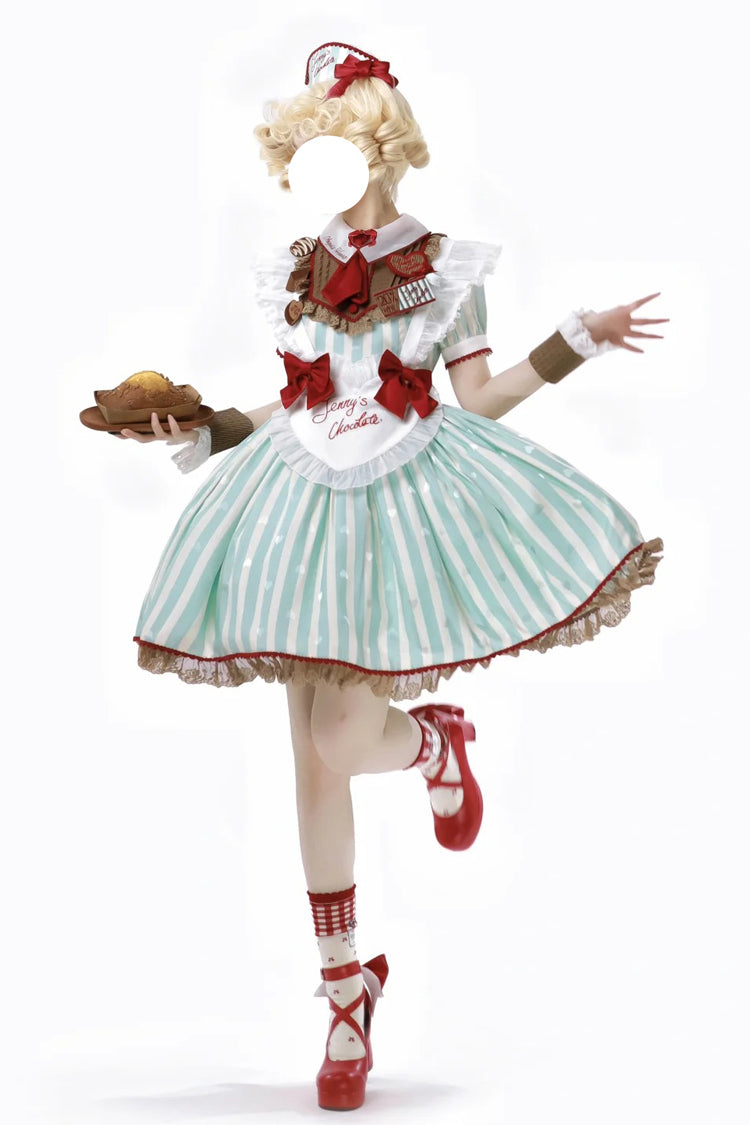 Emerald Jenny's Chocolate Striped Ruffle Bow Short-Sleeve Dress