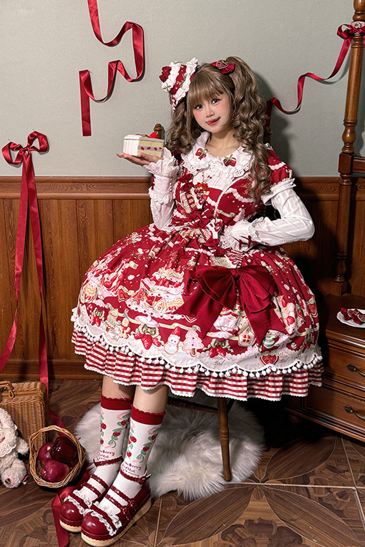 Doll Collar Short Sleeve Print Ruffle Bowknot Sweet Lolita Dress with Strawberry Dessert - 4 Colors