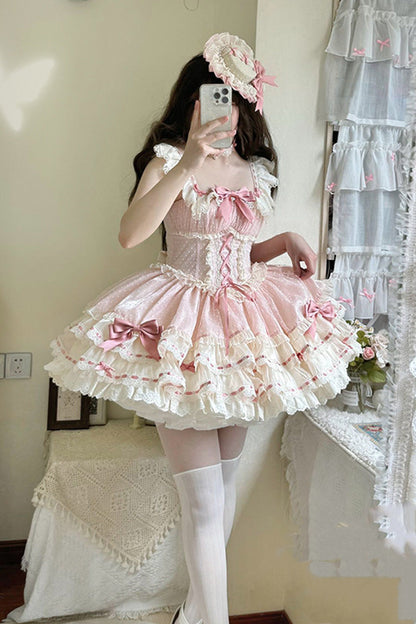 Blush Double-Layered Ruffle Bow Lace-Up Ballerina JSK - Flory Butterfly