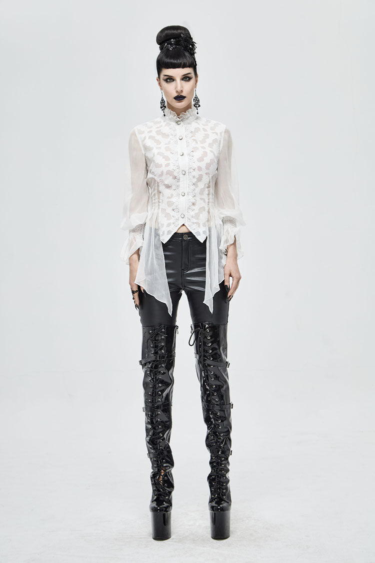 Ivory Chiffon High Collar Flared Cuff Back Lace-Up Gothic Blouse