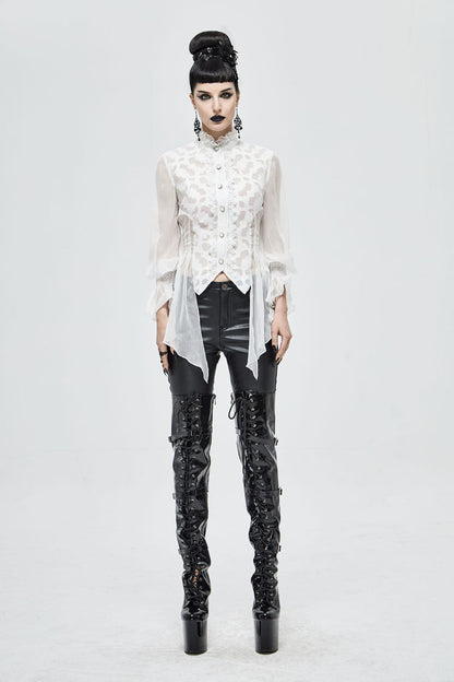 Ivory Chiffon High Collar Flared Cuff Back Lace-Up Gothic Blouse