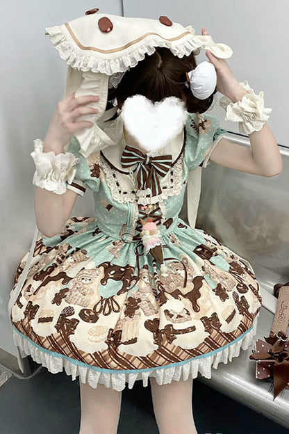 Peppermint Chocolate Cake Bear Print Lace-Up Lolita Dress with Bow - Sweet