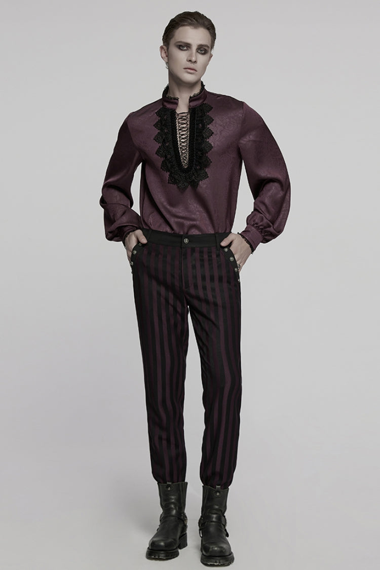 Crimson High-Neck Gothic Ruffled Rose Blouse with Lace-Up Plunge