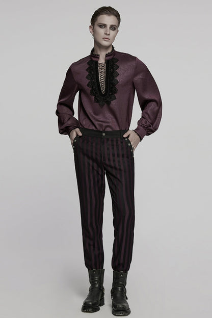 Crimson High-Neck Gothic Ruffled Rose Blouse with Lace-Up Plunge