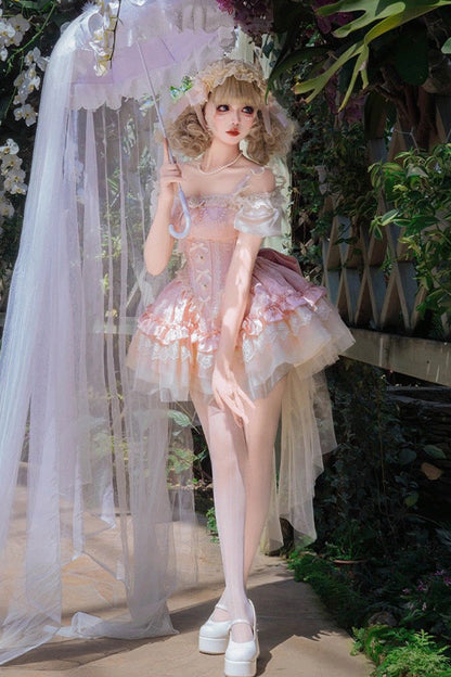 Blush Sleeveless Ruffled Lace Ballet JSK with Bow