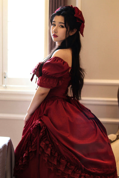 Crimson Vintage Lolita Dress with Puff Sleeves and Layered Ruffles