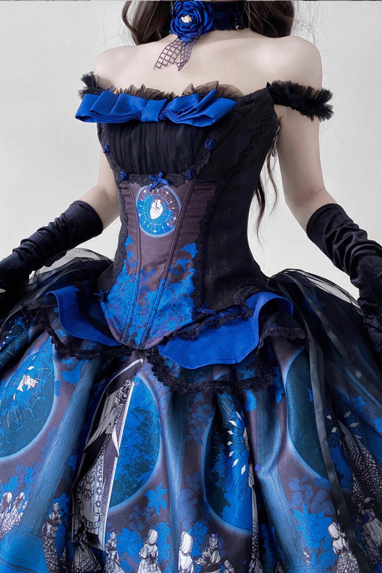 Azure Dark Moon Corridor Print Embroidery Gothic Lolita Gown Skirt
