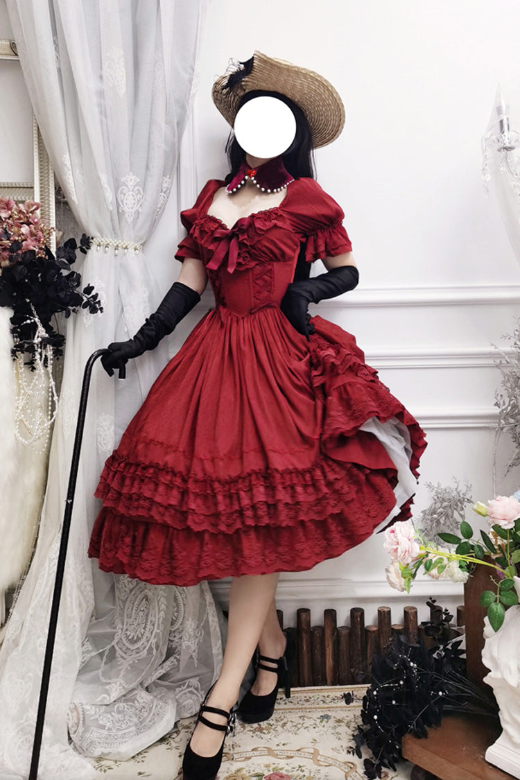 Crimson Vintage Lolita Dress with Puff Sleeves and Layered Ruffles