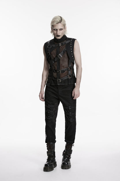 Cool Men's Black Punk Vest, Asymmetric with Studs and Buckles