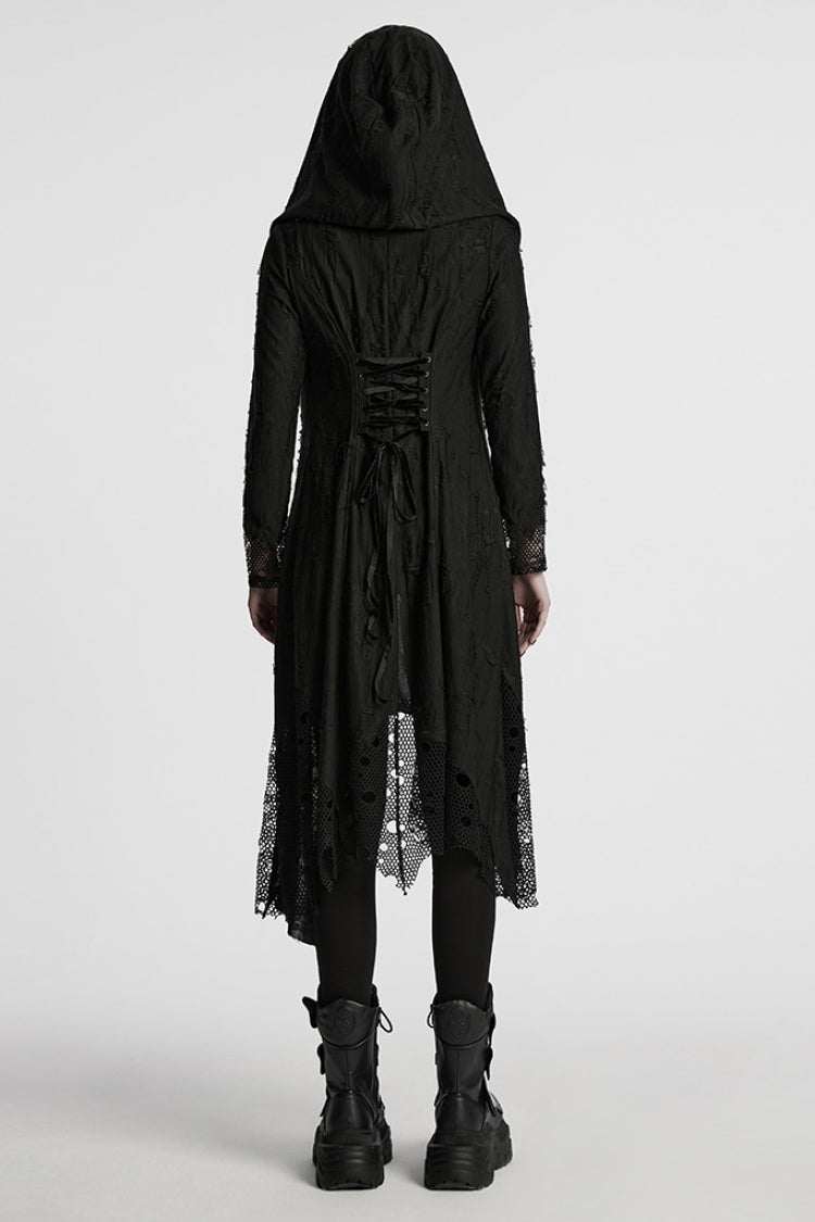 Ebony Long-Sleeve Hooded Sheer Ripped Gothic Coat