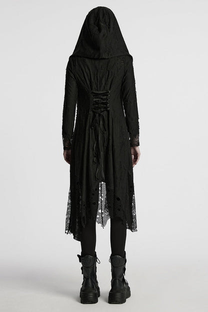 Ebony Long-Sleeve Hooded Sheer Ripped Gothic Coat