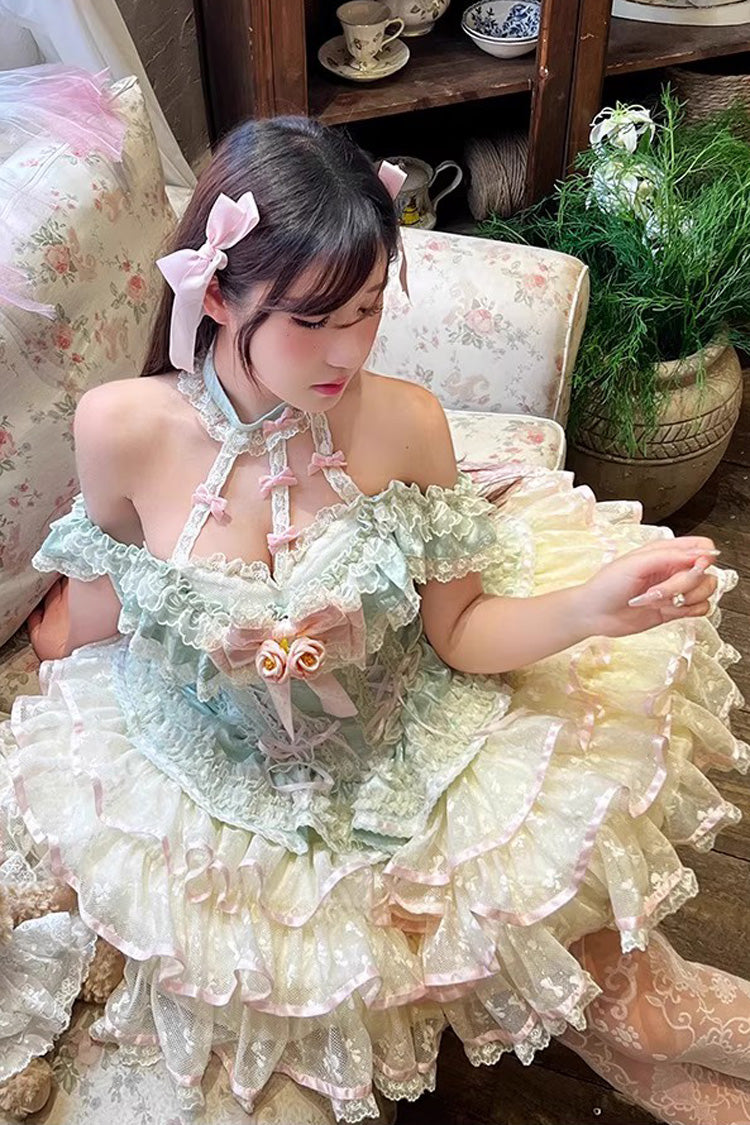 Emerald Halterneck Multi-Layer Ruffle Bow Rose Lace Lace-Up Sweet Ballet Lolita Jumper Dress