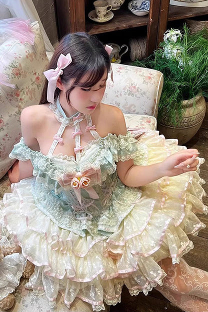 Emerald Halterneck Multi-Layer Ruffle Bow Rose Lace Lace-Up Sweet Ballet Lolita Jumper Dress