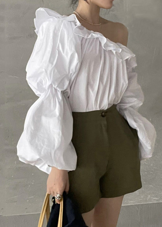 Cold Blouse Puff Sleeve French Shoulder Cotton White Top