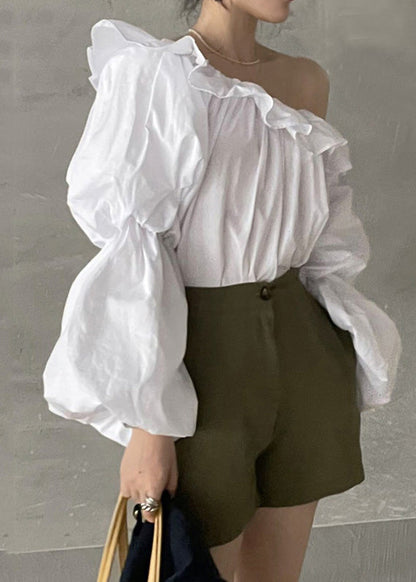 Cold Blouse Puff Sleeve French Shoulder Cotton White Top
